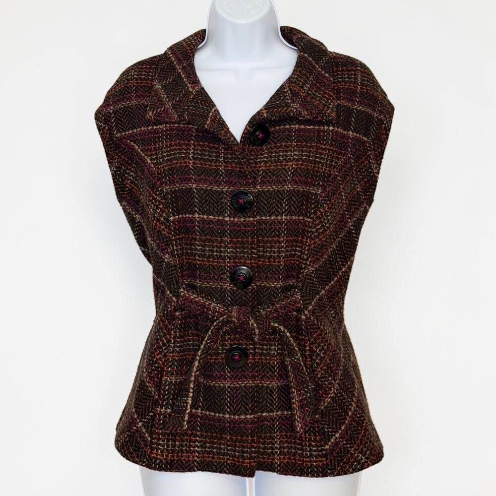Cabi Cinch It Up Plaid Tweed Vest Jacket Wool Blend Belted Brown Pink Sz Small